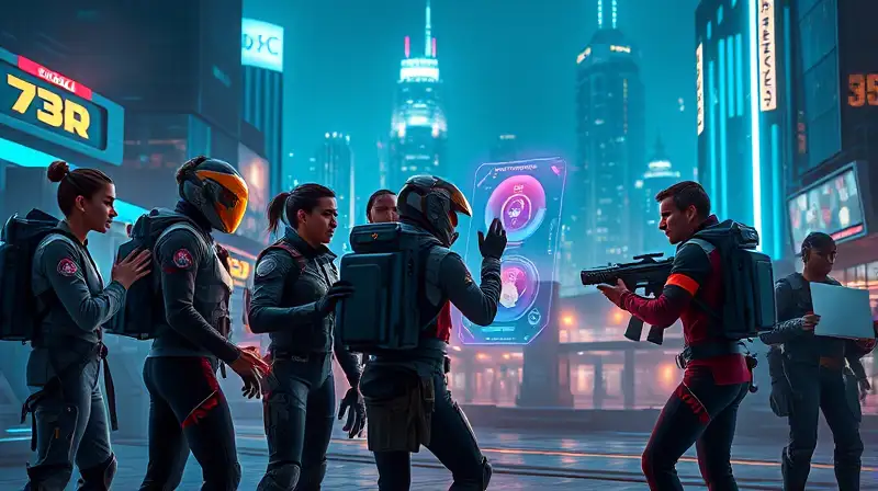 Escena futurista con equipo diverso y tecnología