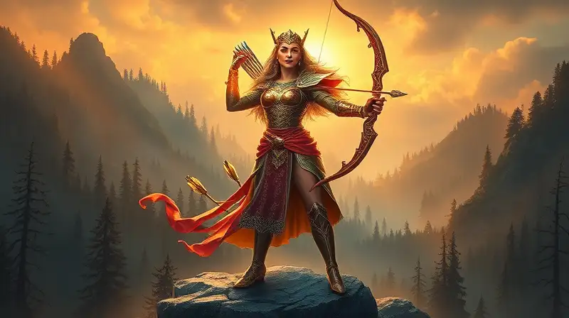Reina arquera poderosa en pico montañoso