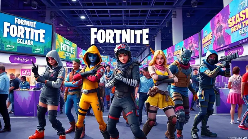 Cosplayers de Fortnite en convención colorida