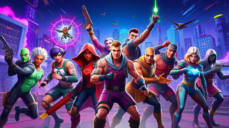 Personajes de Fortnite en batalla futurista vibrante