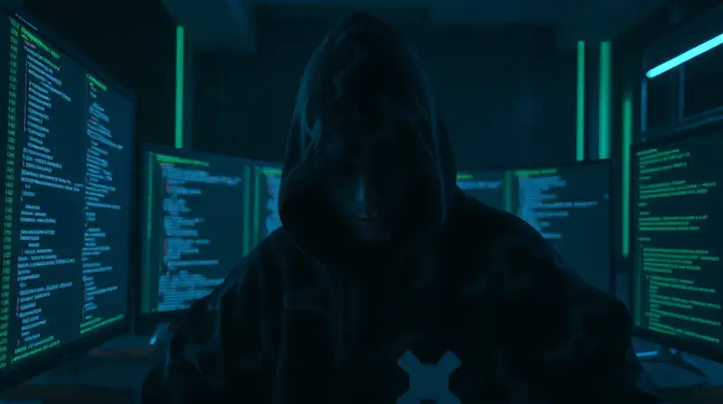 Hacker sigiloso frente a pantallas codificadas
