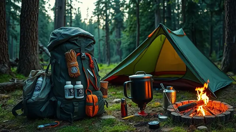 Equipo de camping listo en bosque al atardecer