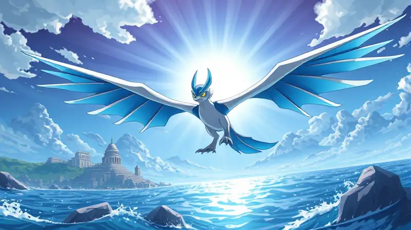 Lugia vuela radiante sobre ruinas míticas