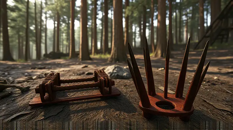 Trampas oxidadas en bosque realista y oscuro