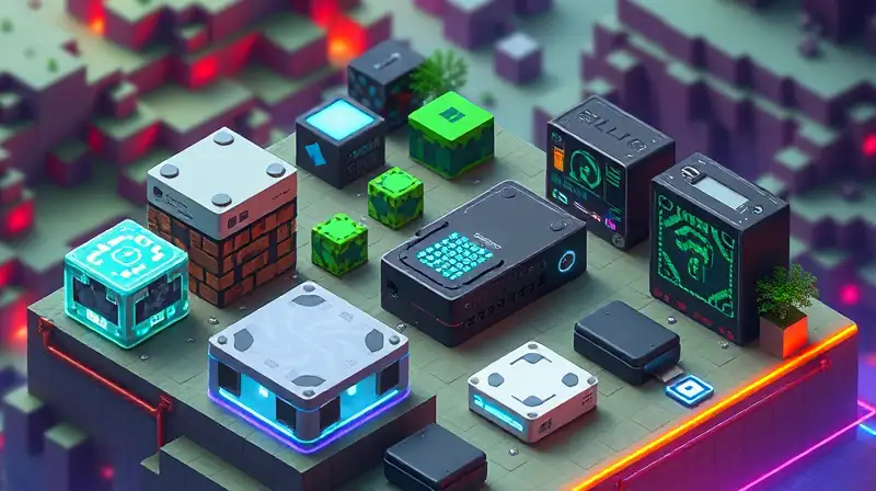 Iconos pixelados coloridos de Minecraft y tecnología