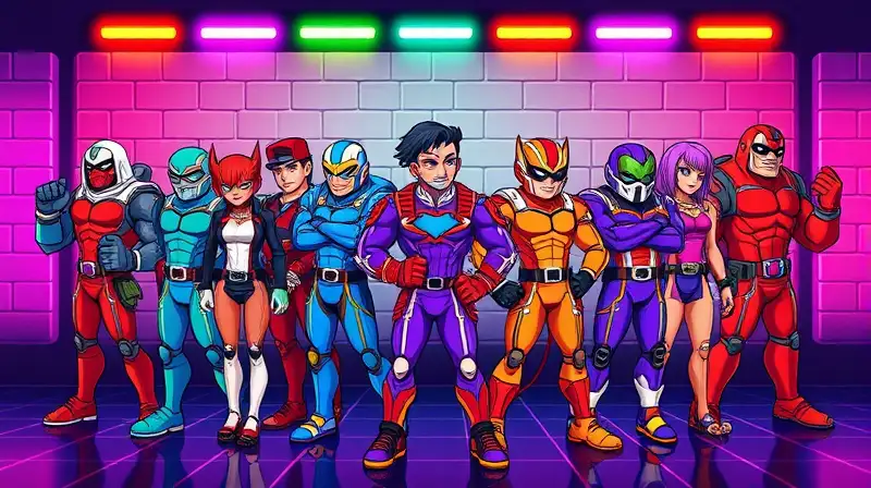 Personajes arcade vibrantes con estilo retro