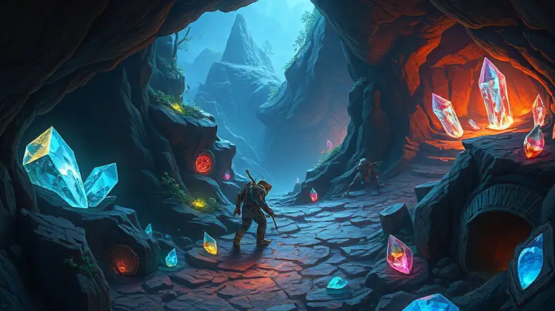 Paisaje fantástico con cristales y criatura explorando