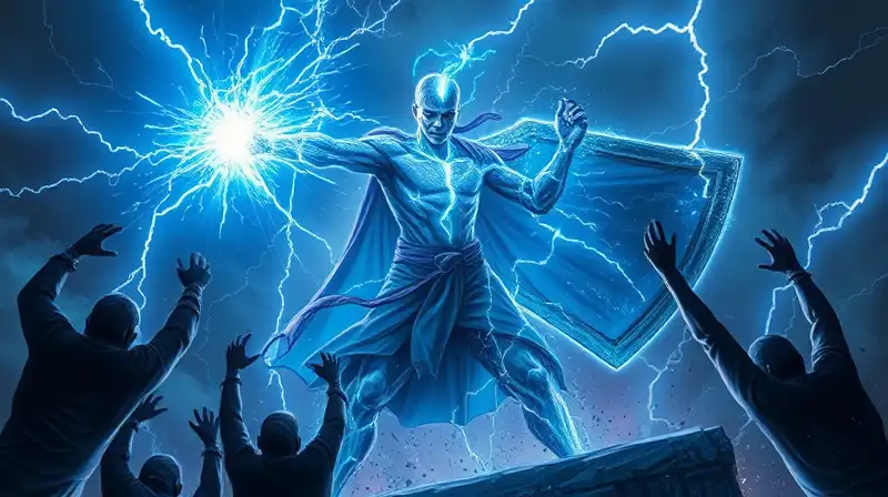 Mago eléctrico protege con escudo y relámpagos