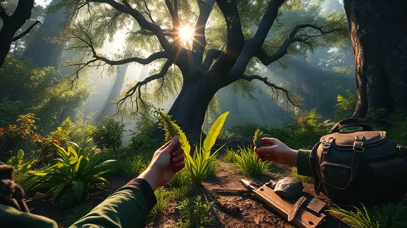 Aventurero recoge plantas en bosque vibrante
