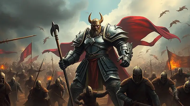 Gigante noble armado enfrenta ejército enemigo