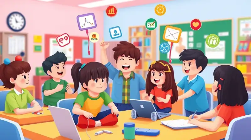 Niños colaboran en aula virtual colorida