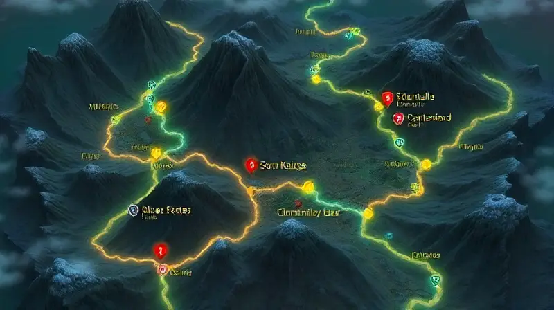 Mapa interactivo fantástico con rutas luminosas
