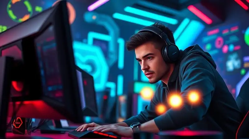 Gamer concentrado con interfaz futurista brillante