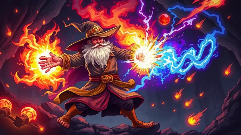 Mago pixelado lanza hechizos en batalla