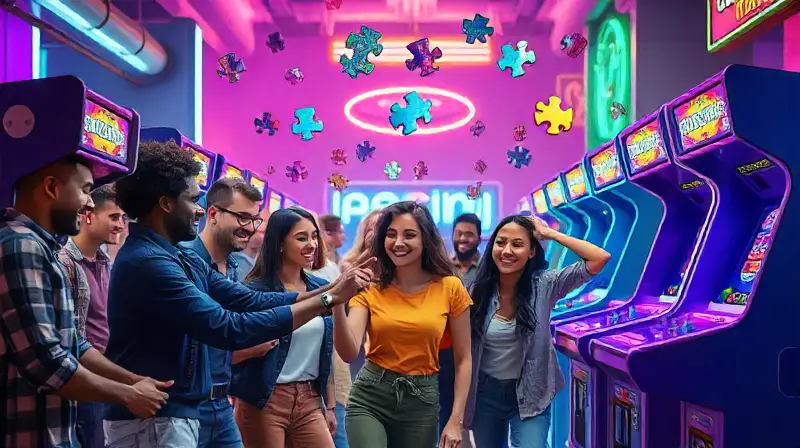 Jugadores diversos colaboran en arcade retro-futurista