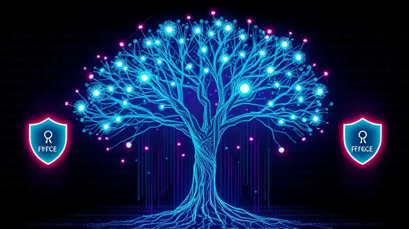 Árbol digital futurista con escudos tecnológicos
