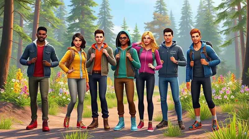 Personajes Sims con ropa deportiva en naturaleza