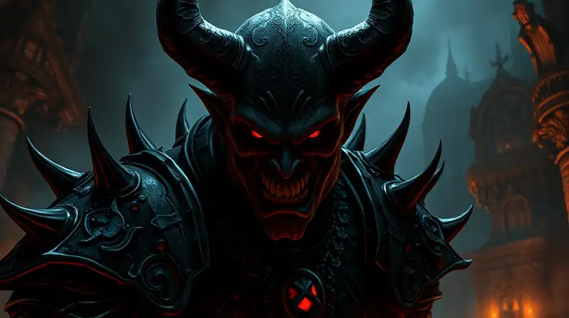 Villano oscuro medieval con armadura y ojos rojos