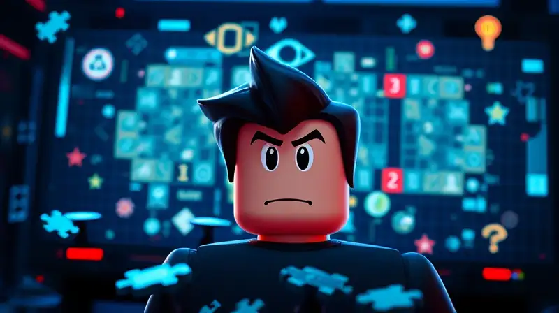 Avatar de Roblox frente a puzzle brillante