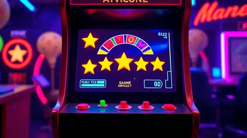 Arcade retro brillante con jugador ajustando dificultad
