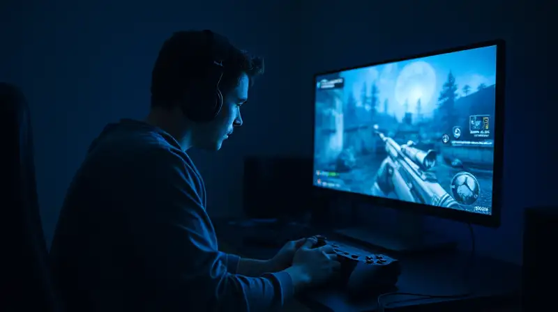 Gamer solitario enfocado en juego shooter