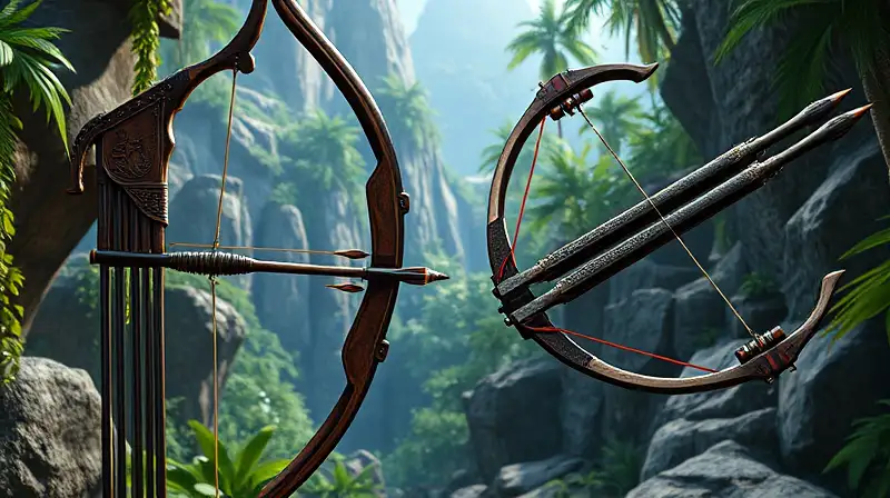 Arco medieval y ballesta en jungla épica