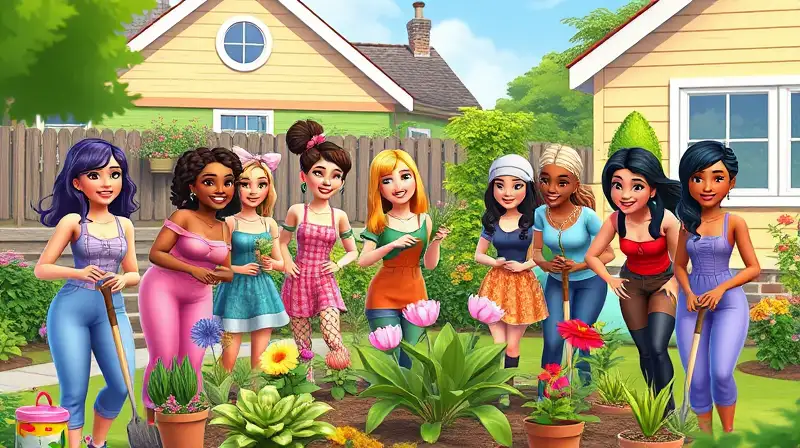 Sims felices jardinean coloridos en patio