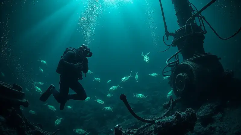 Buzo explora oscuro océano con criaturas bioluminiscentes