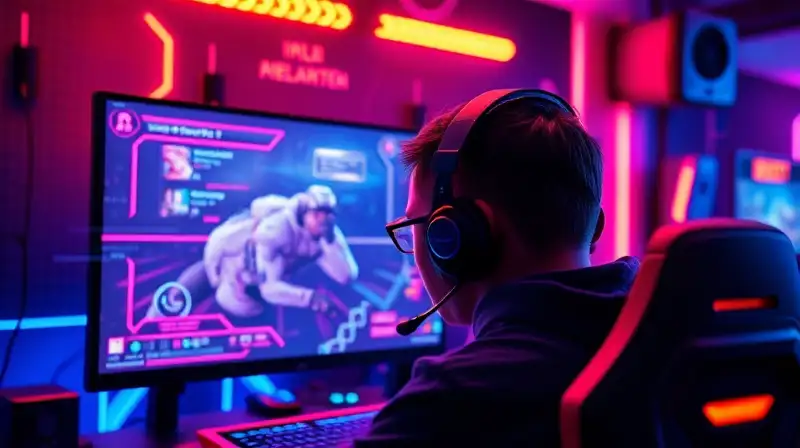 Jugador enfocado con setup futurista y seguridad