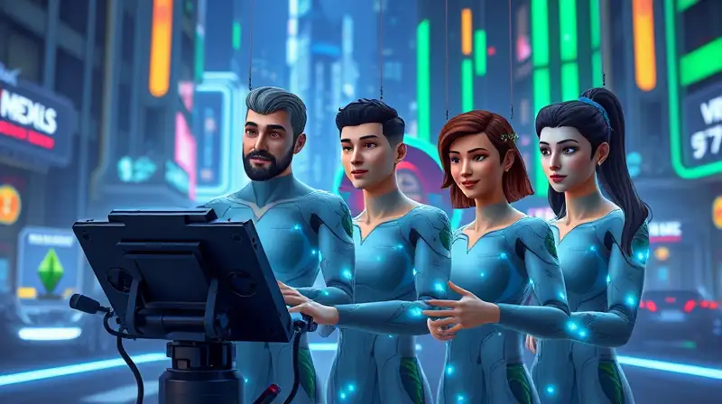 Sims futuristas conectados en ciudad tecnológica