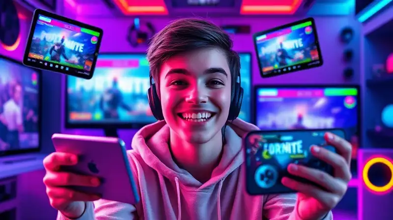 Joven gamer sonriente con dispositivos y juego