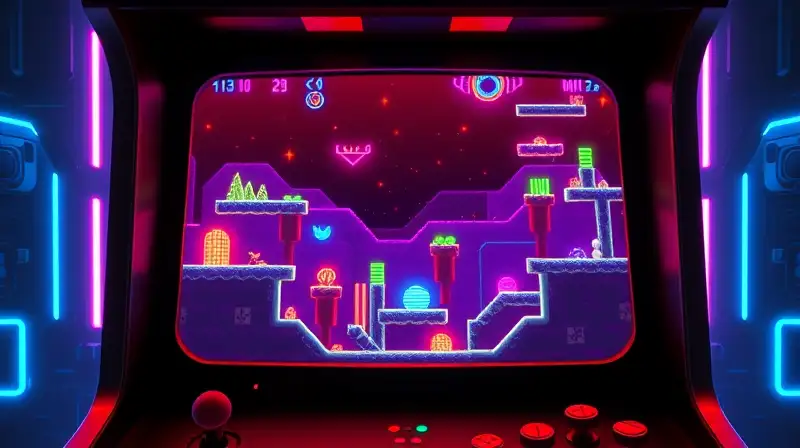 Pantalla arcade retro con niveles pixelados