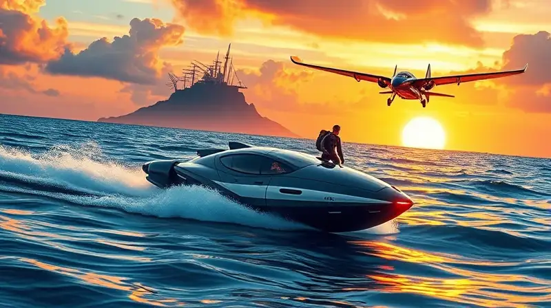 Vehículo futurista sobre isla y atardecer