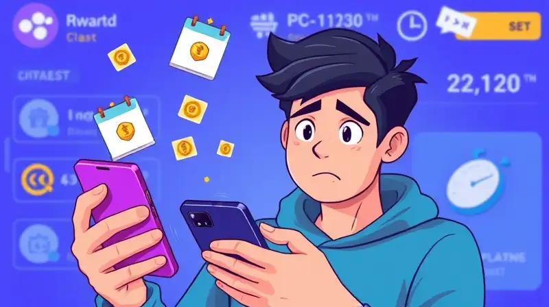 Gamer confundido observa recompensas y tiempo