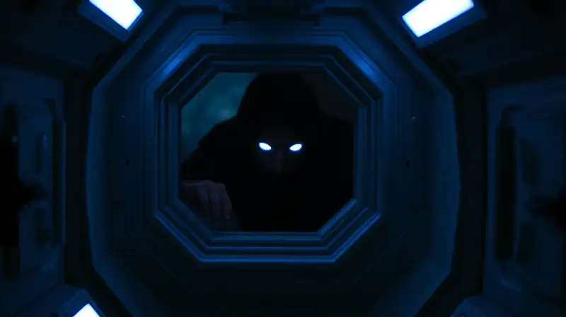 Impostor oculto en pasillo futurista oscuro