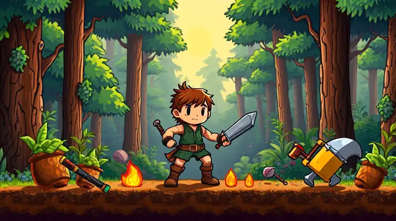 Personaje novato en bosque pixelado vibrante