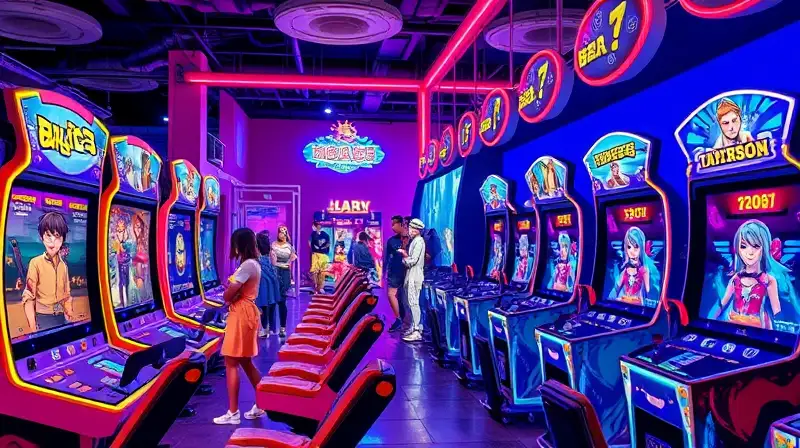 Configuración arcade con personajes y controles vibrantes