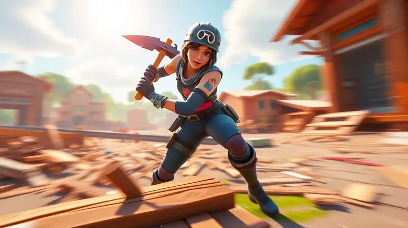 Personaje de Fortnite rompe madera dinámicamente