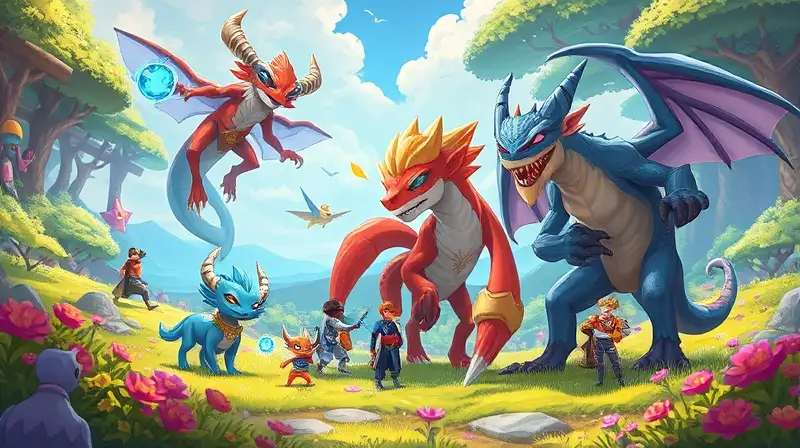 Paisaje fantástico con humanos y criaturas brillantes