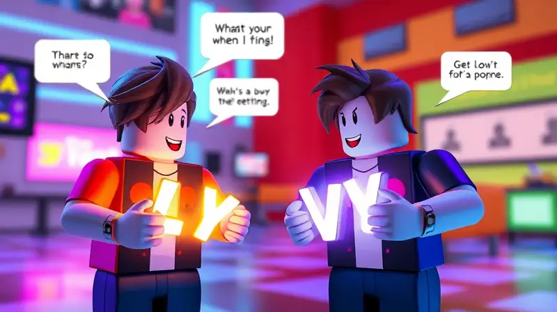 Dos avatares Roblox intercambian cartas luminosas