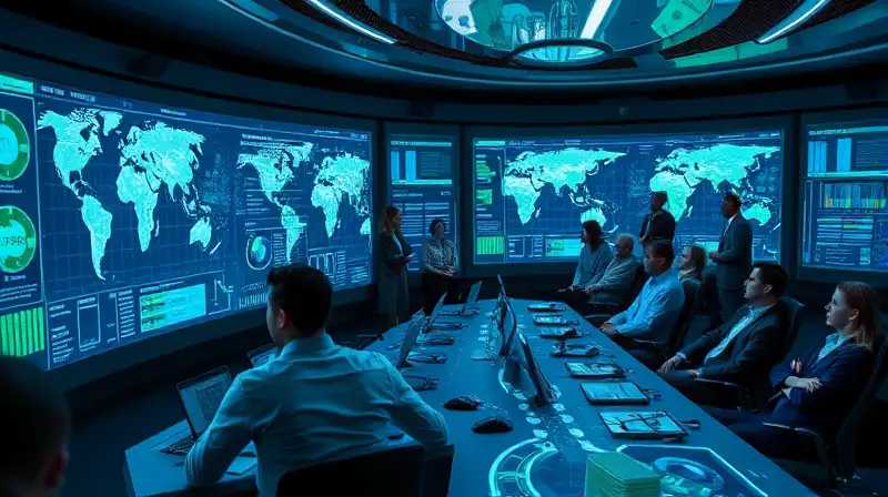 Equipo diverso analiza mapas holográficos futuristas