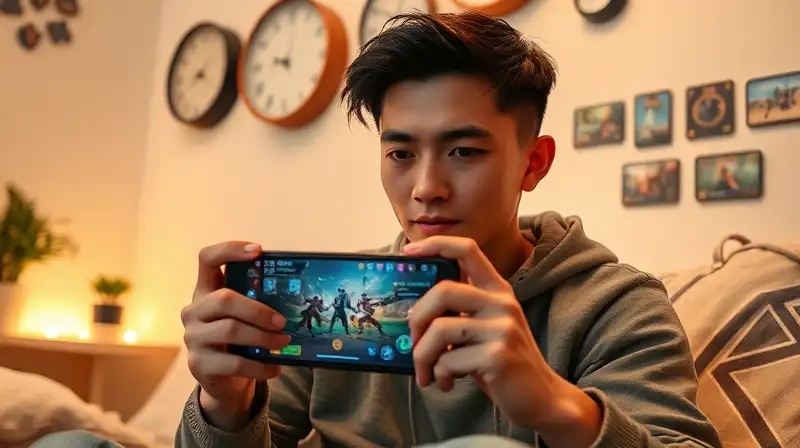 Gamer tranquilo juega Mobile Legends en smartphone