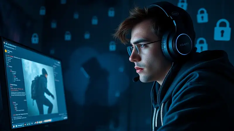 Gamer oscuro con ambiente cibernético y espías