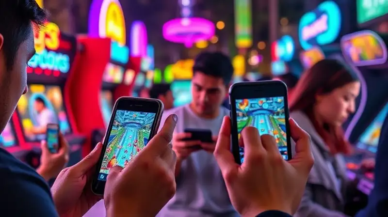 Jugadores concentrados en juegos móviles vibrantes