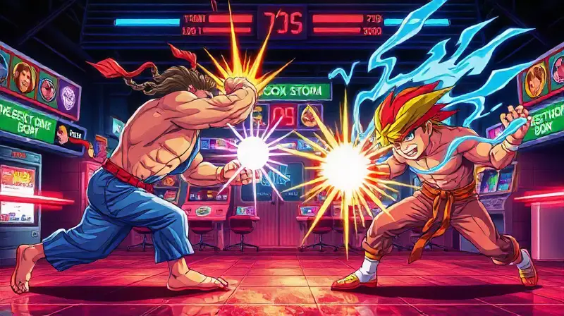 Personajes arcade en vibrantes batallas retro