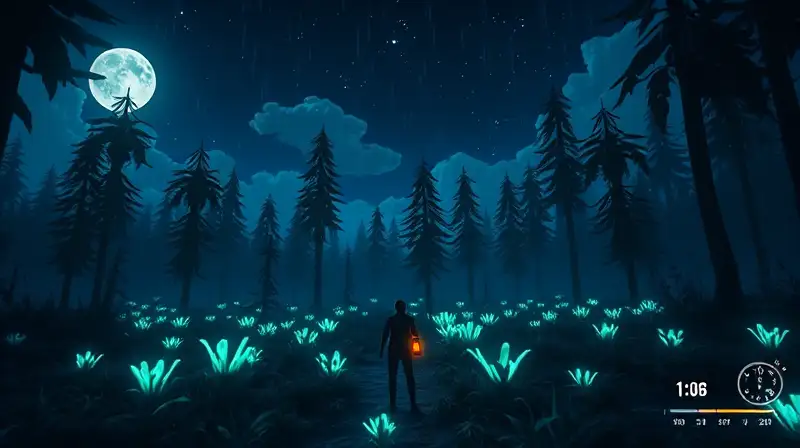 Bosque nocturno con luz bioluminiscente y lluvia
