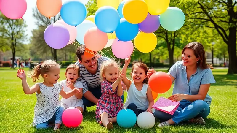 Familia feliz jugando con globos en parque