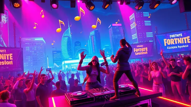 Personajes bailan en fiesta futurista vibrante