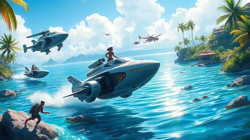 Vehículos futuristas exploran isla tropical vibrante