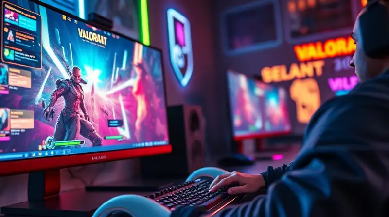 Gamer concentrado juega Valorant en setup futurista